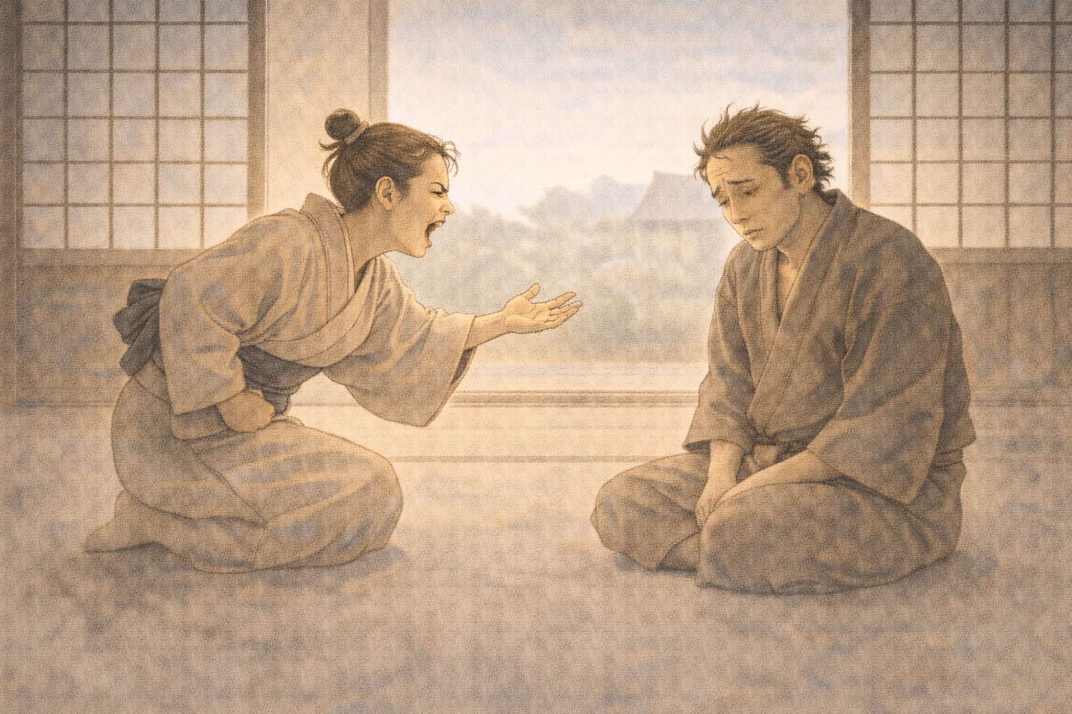 昼の座敷で女房が身を乗り出して夢の話をまくしたて亭主が言い返せずに座る一場面