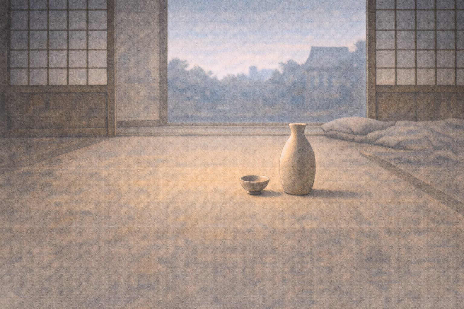 夜明けの茶の間に徳利と盃だけが残り夫婦げんかの熱が去った一場面