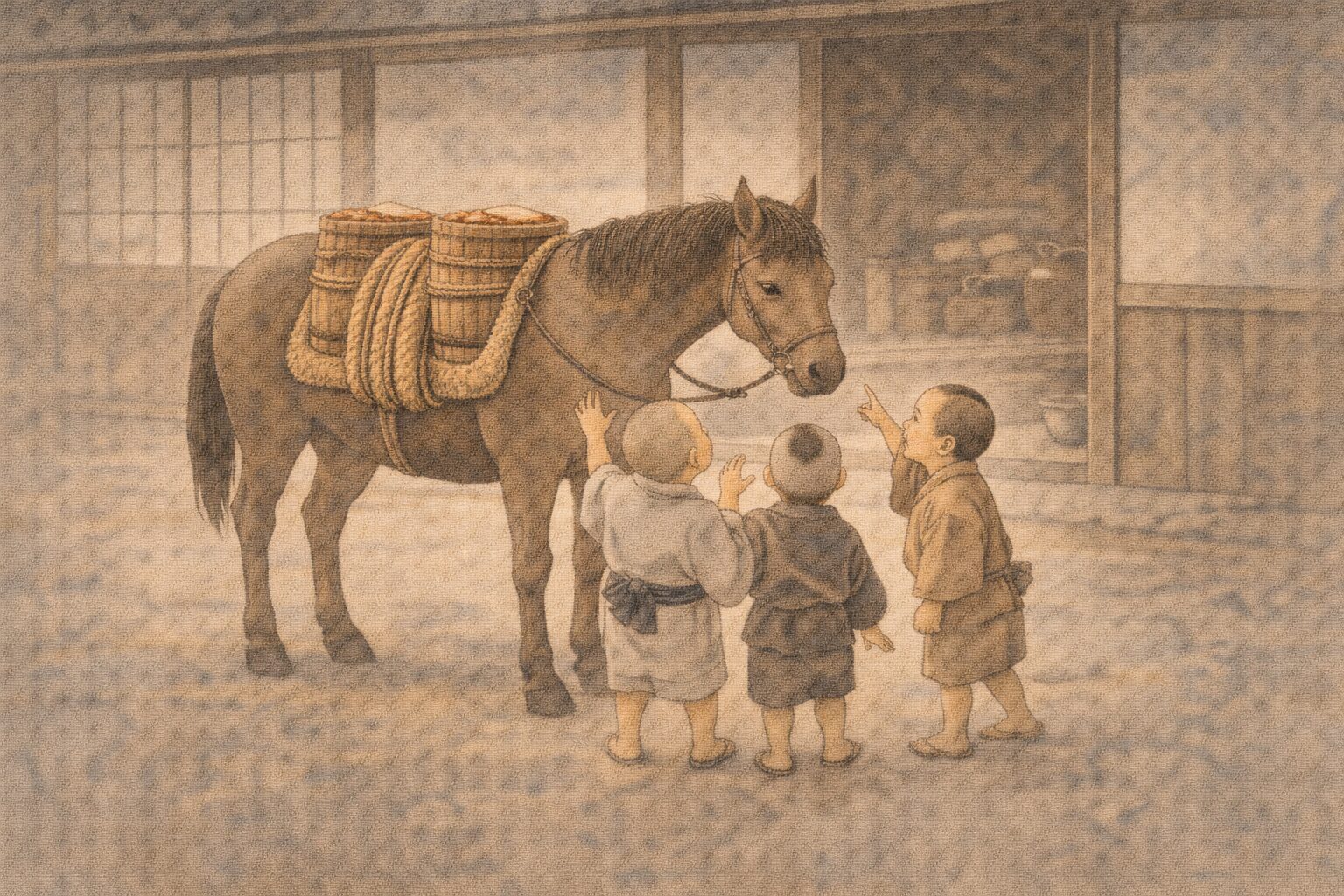 昼の店先で味噌樽を積んだ馬のまわりに子どもたちが集まる一場面