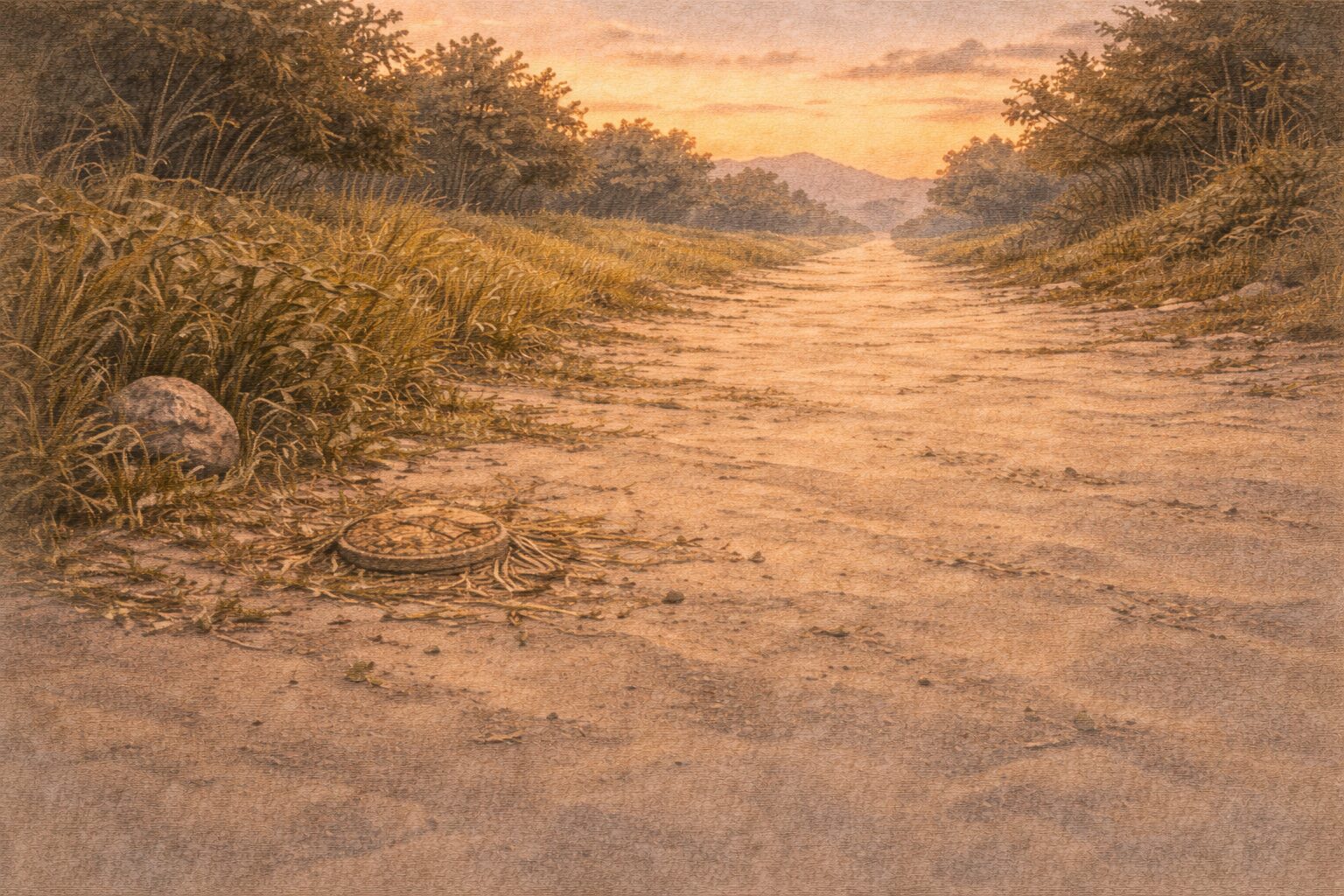 夕暮れの道端に味噌樽の跡だけが残り遠くの空が静かに暮れていく一場面