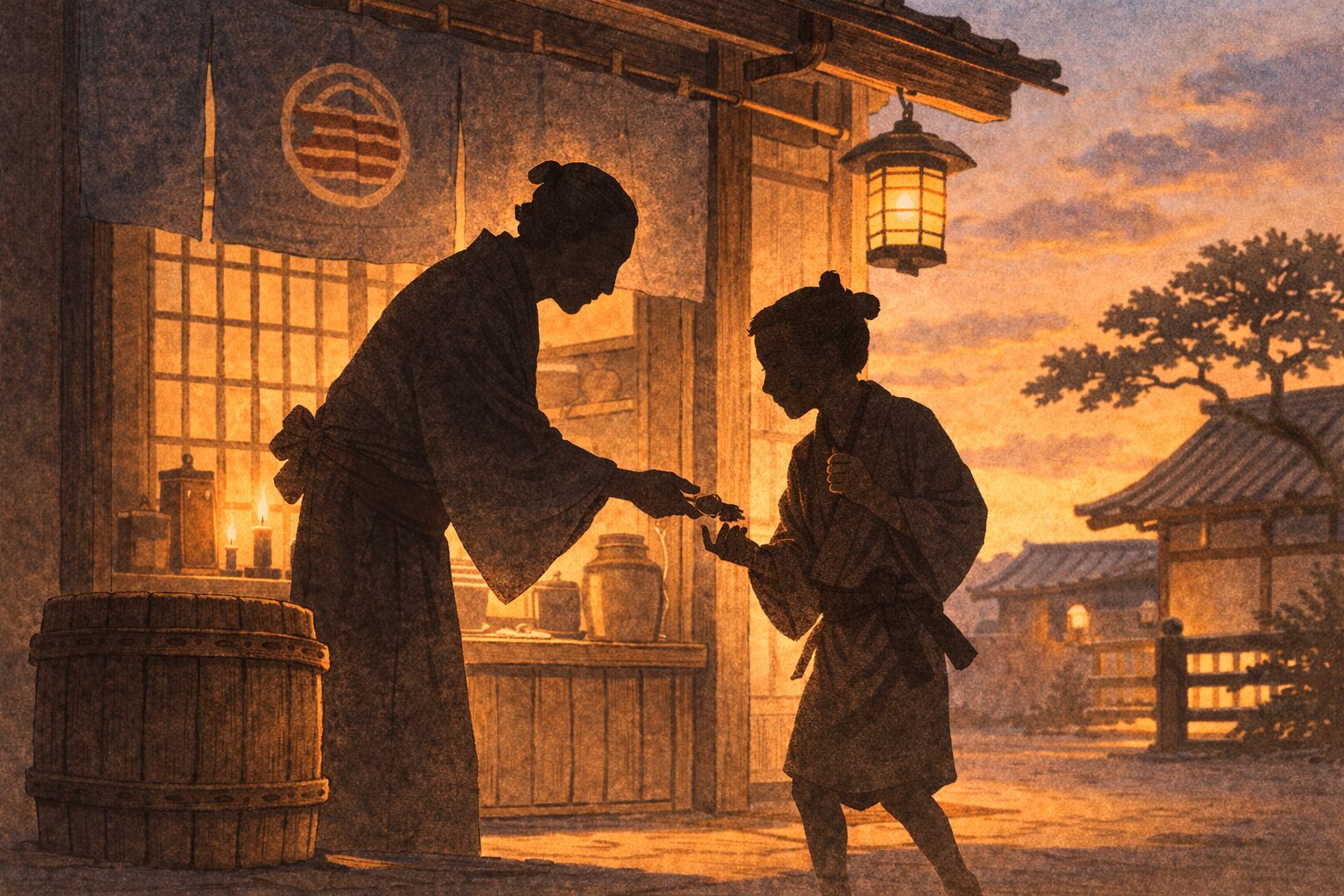 夕方の店先で小僧が旦那からそっと口止めの金を受け取り周囲を気にする一場面