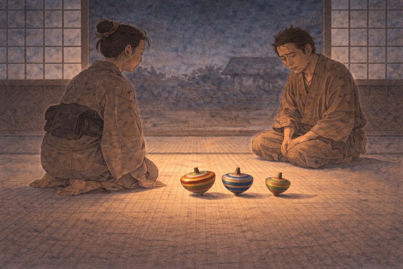夜の座敷で本妻が三つの独楽を前に据え旦那が気まずそうに座る一場面
