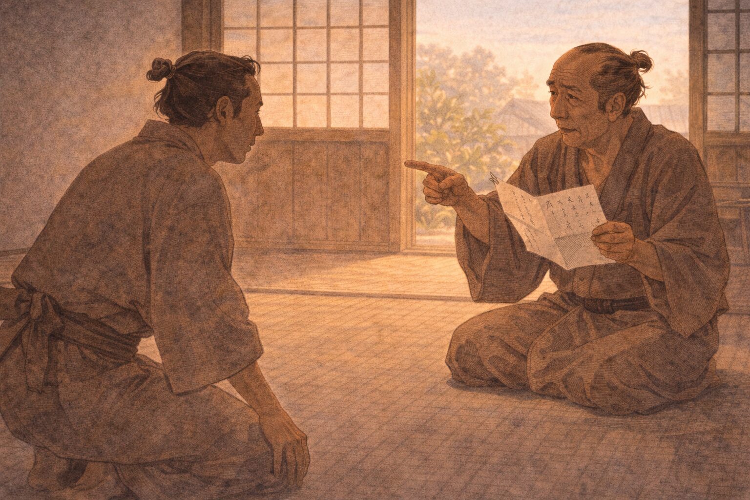 午後の座敷でご隠居が手紙を広げたまま差出人を探るように男へ問い返す一場面