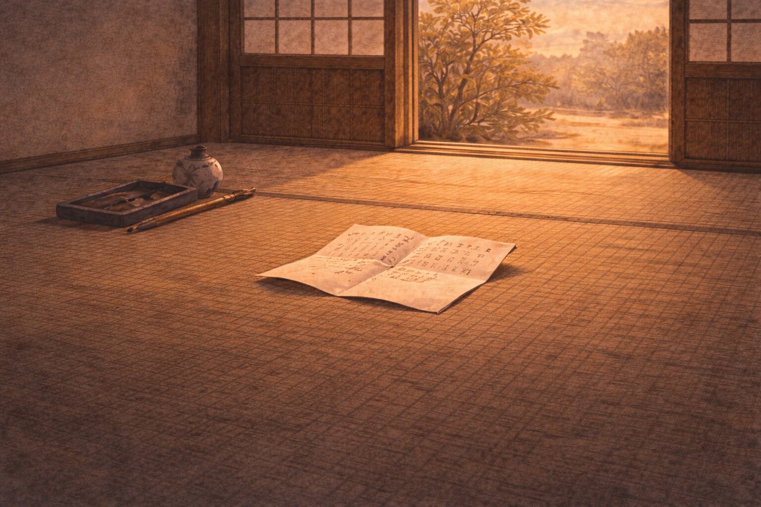 夕暮れの座敷に開いた手紙だけが残り読む者のいない静かな一場面