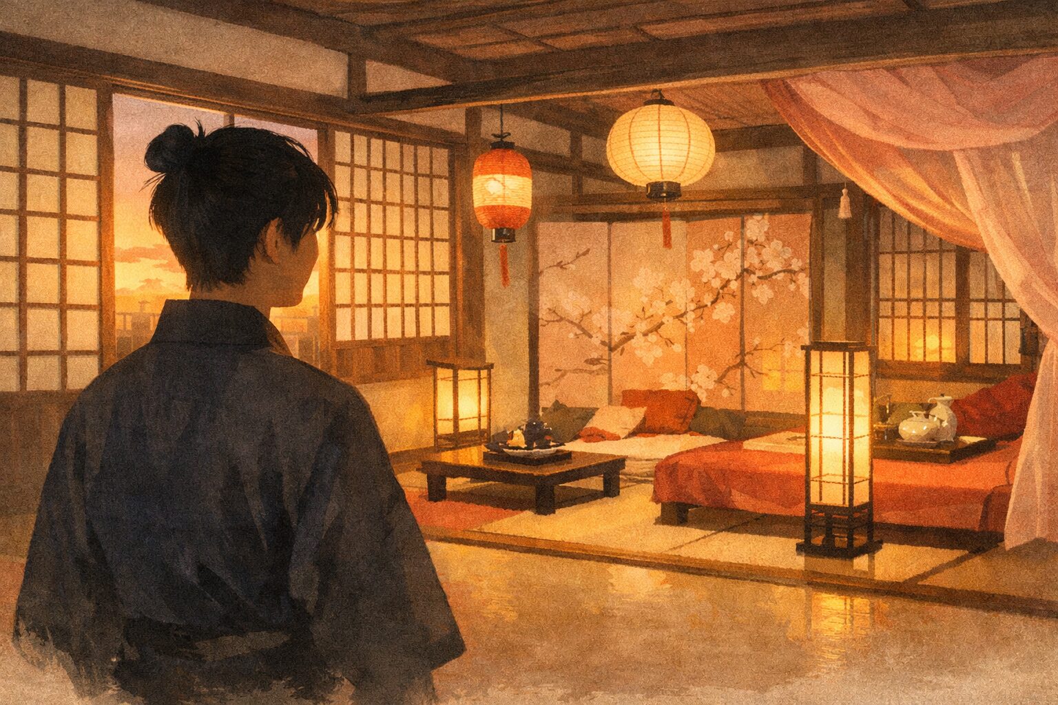夕方の商家の二階で若旦那が新しく整えられた遊廓風のしつらえを見て目を輝かせる一場面