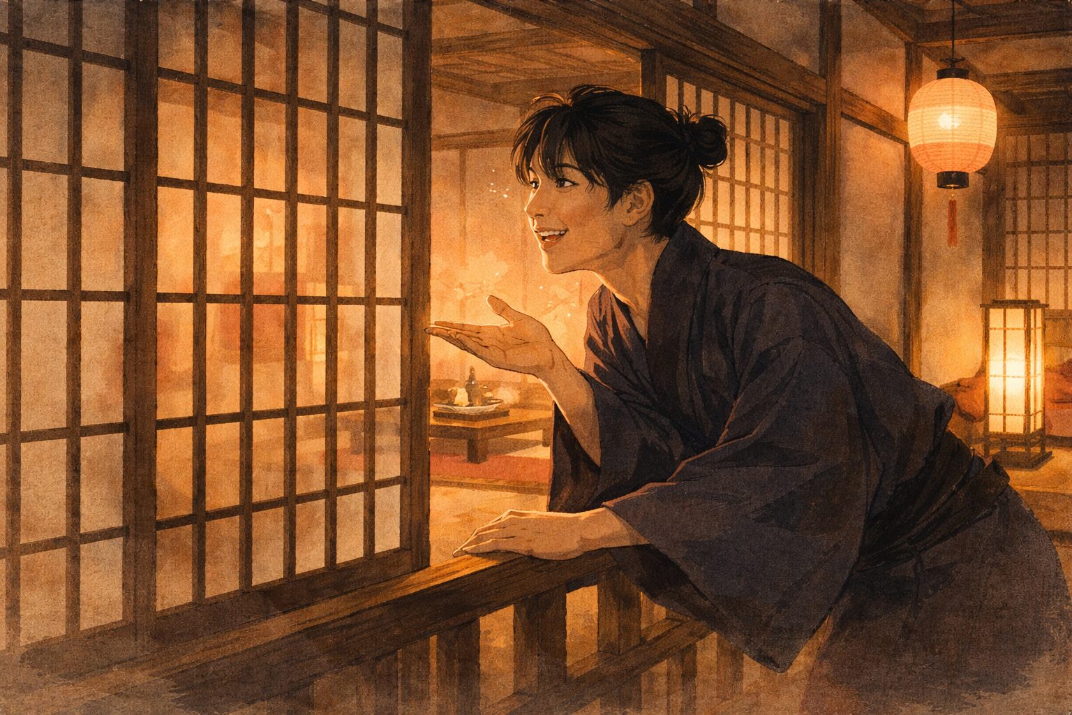 夜の二階座敷で若旦那が誰もいない格子の前へ身を乗り出し花魁に声をかけるように浮かれる一場面