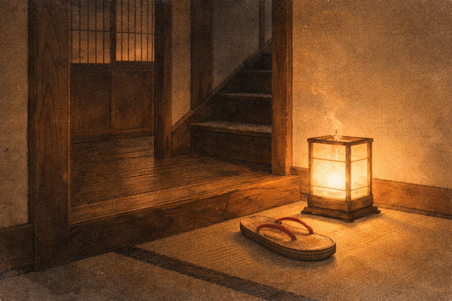 夜更けの階段口に片方の草履と消えかけた灯りだけが残る一場面