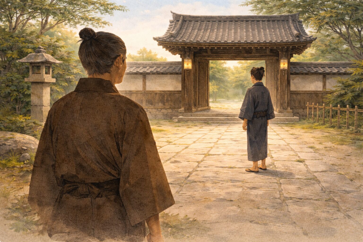 昼の寺門前で植木屋の幸右衛門が伝吉を見込み婿にしたそうに眺める一場面