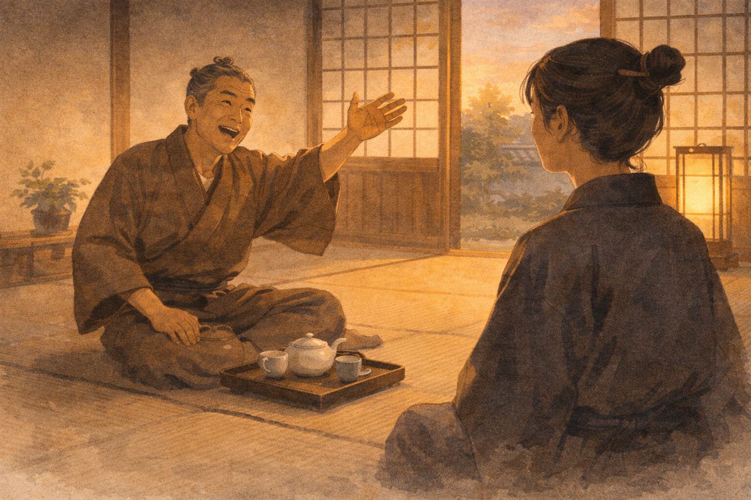 夕方の植木屋の座敷で幸右衛門が女房に婿取りの算段を勢いよく語る一場面