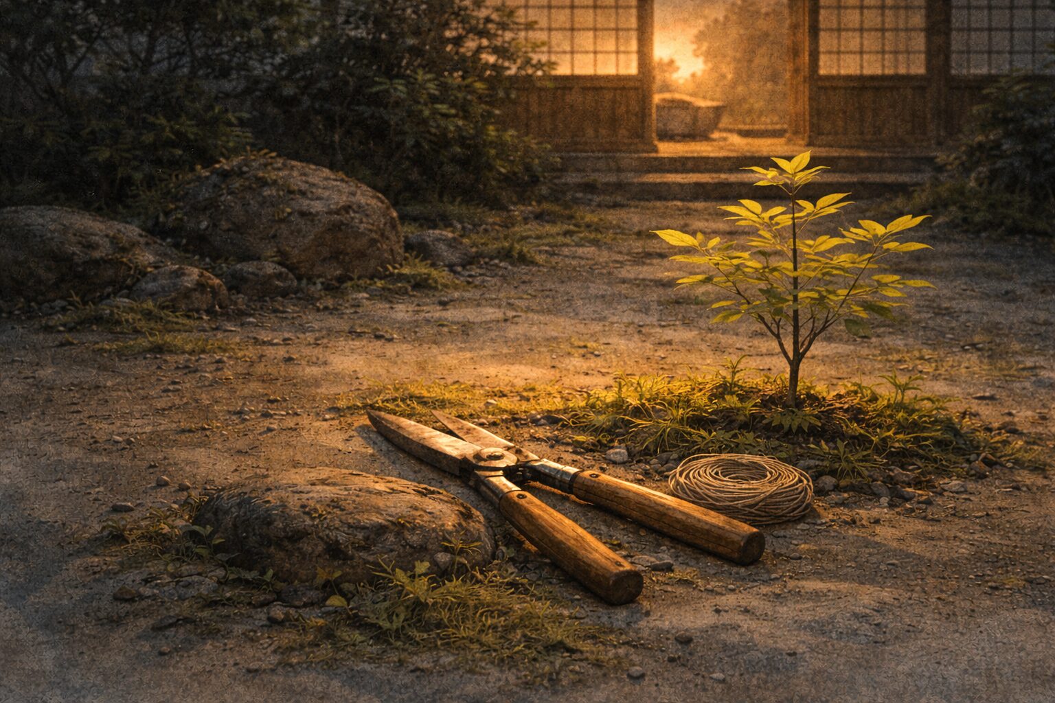 夜の庭先に植木ばさみと若い苗木だけが残る余韻の一場面