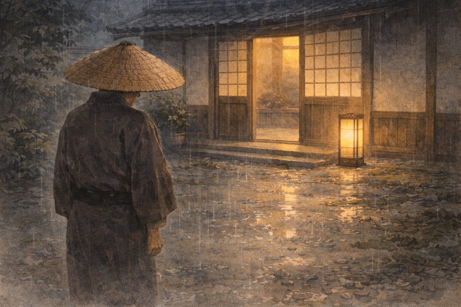 雨の路地で菅笠をかぶった隠居がためらいながら相手の家の前に立つ一場面