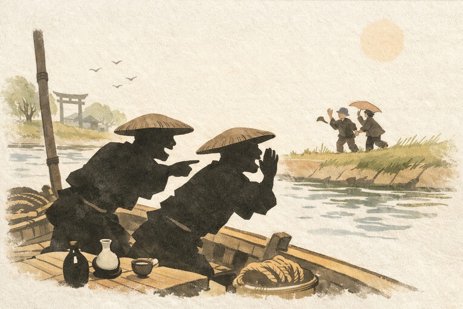 昼の舟の上で喜六と清八が土手を歩く人へ身を乗り出して声をかける一場面