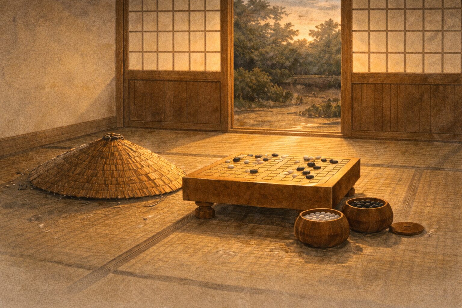 夕暮れの座敷に碁盤と濡れた菅笠だけが残る静かな一場面