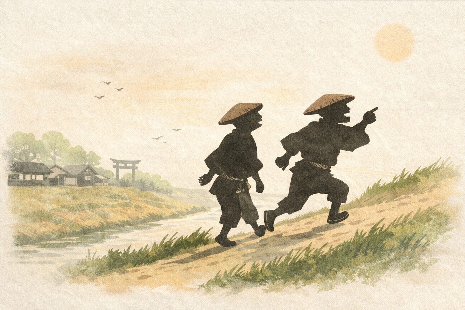 午後の土手道で清八があきれ顔をしながら喜六の口げんかを追いかける一場面