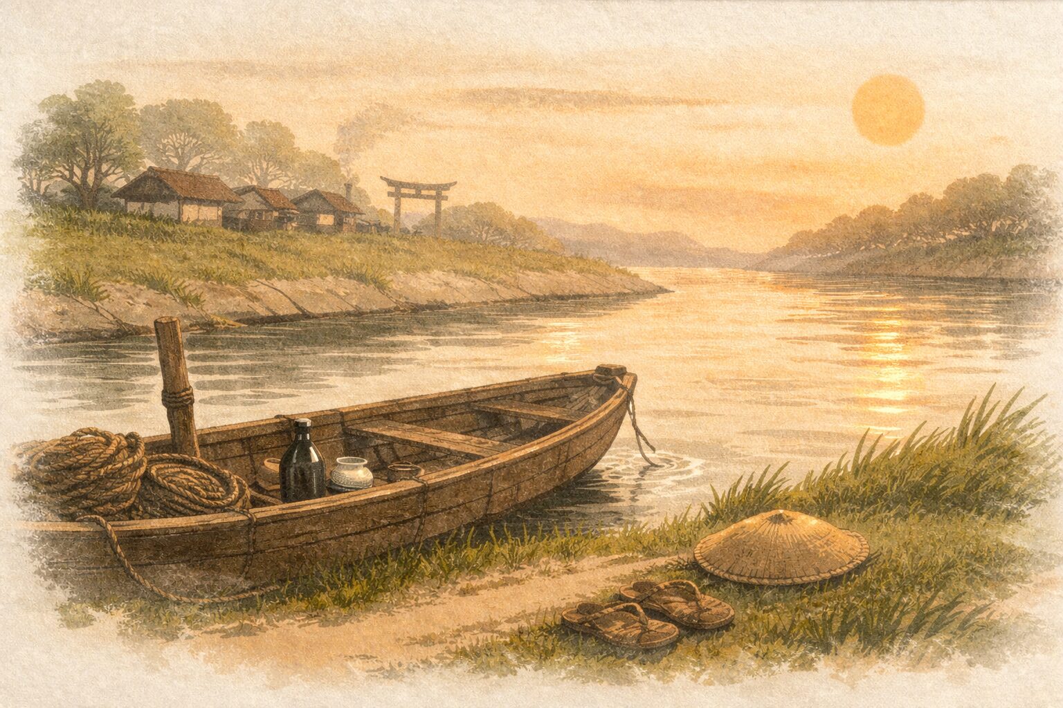 夕暮れの川べりに舟の跡だけが残り参詣帰りのにぎわいが遠のく一場面