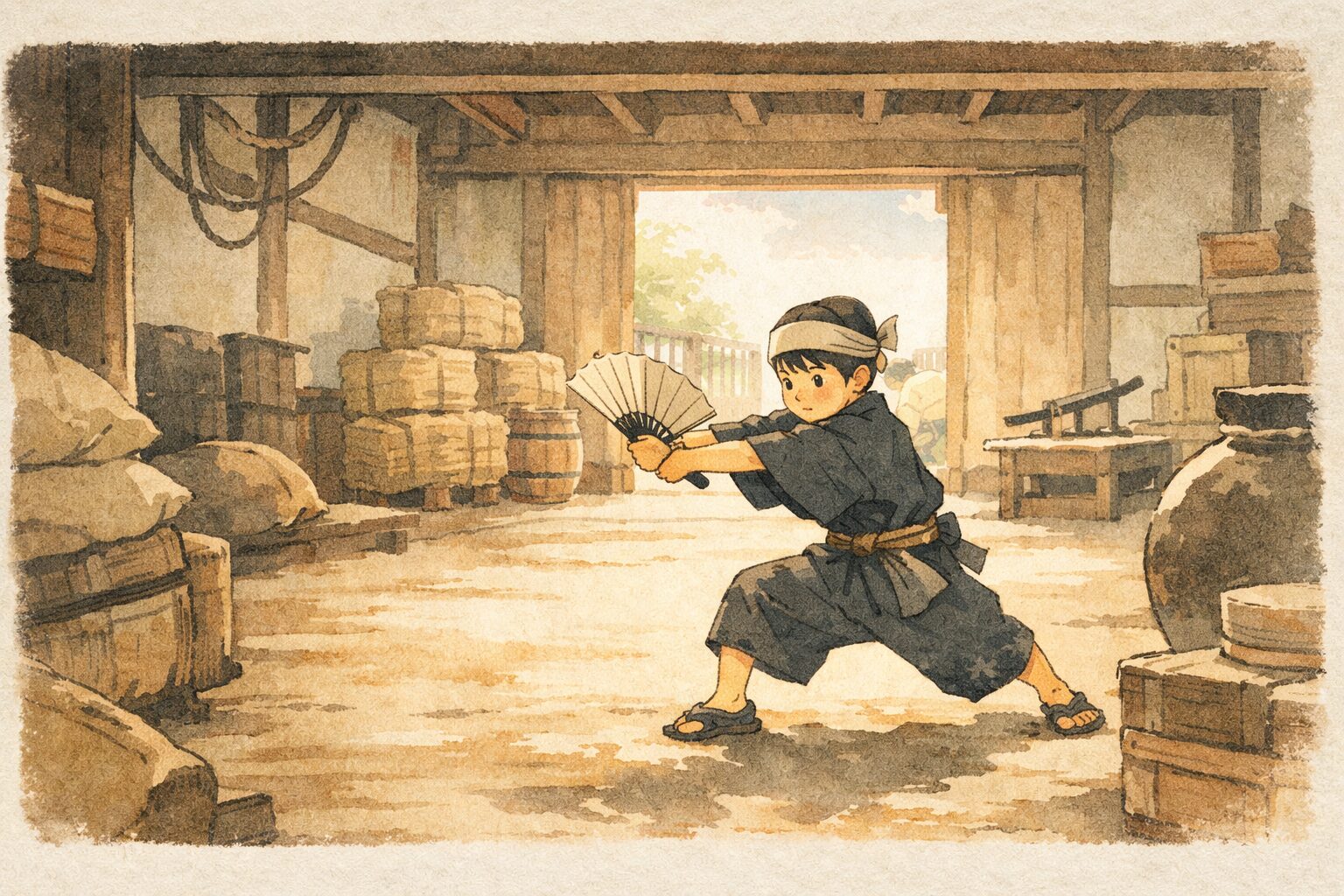 昼の蔵の中で定吉が扇を刀に見立て忠臣蔵の場面を一人で演じる一場面