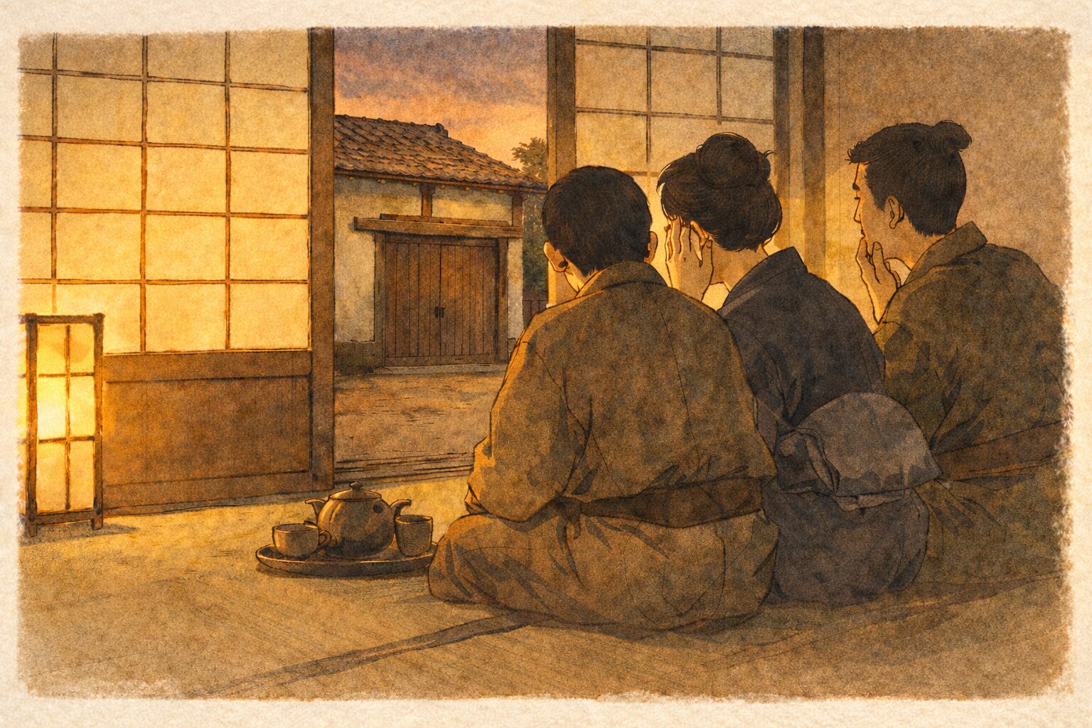 夕方の座敷で主人たちが蔵の中の物音に顔を見合わせ不安げに耳を澄ます一場面