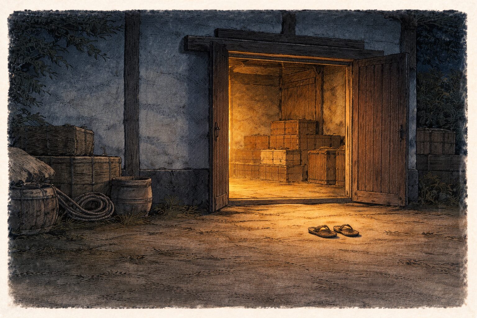 夜の蔵の前に開け放たれた戸と小さな草履だけが残る一場面