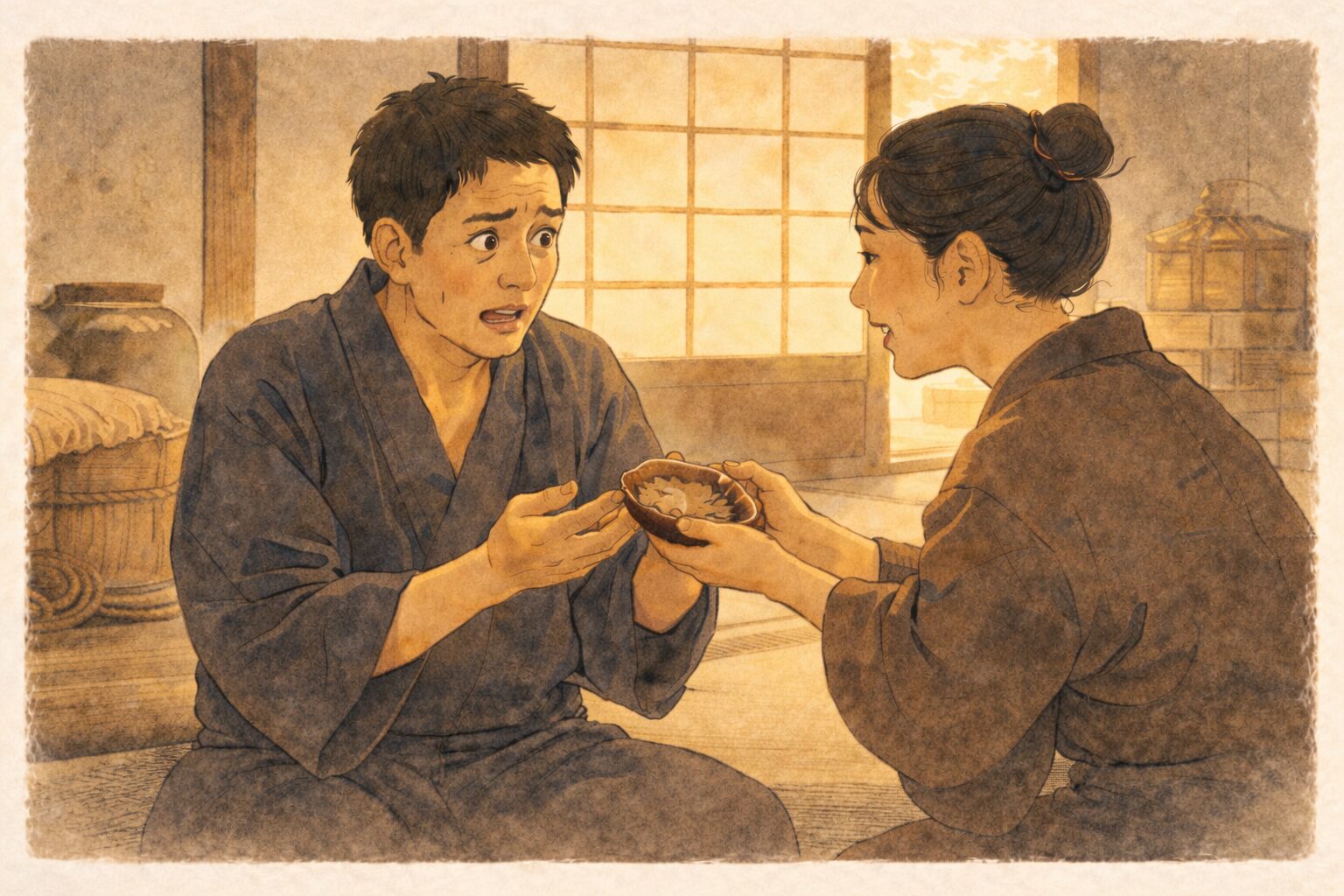 昼の長屋で甚兵衛が女房から鮑を渡され祝儀の言い方を必死に聞く一場面