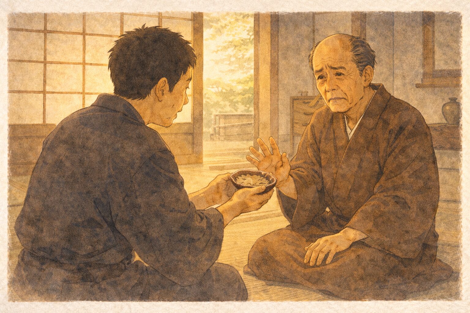 午後の大家の座敷で甚兵衛が鮑を差し出し大家が困った顔で受け取りをためらう一場面