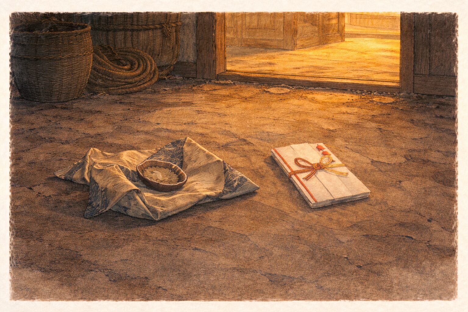 夕暮れの長屋の土間に祝儀袋と空いた鮑包みだけが残る一場面