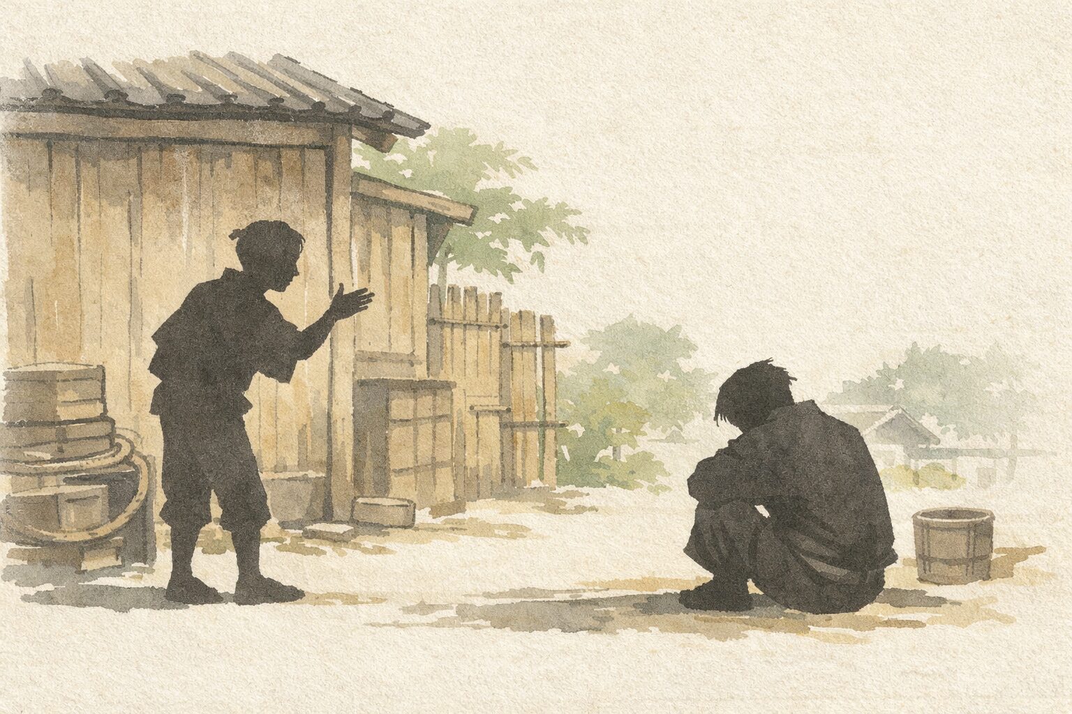 昼の芝居小屋の裏で定吉がふてくされた半公を呼びに来る一場面