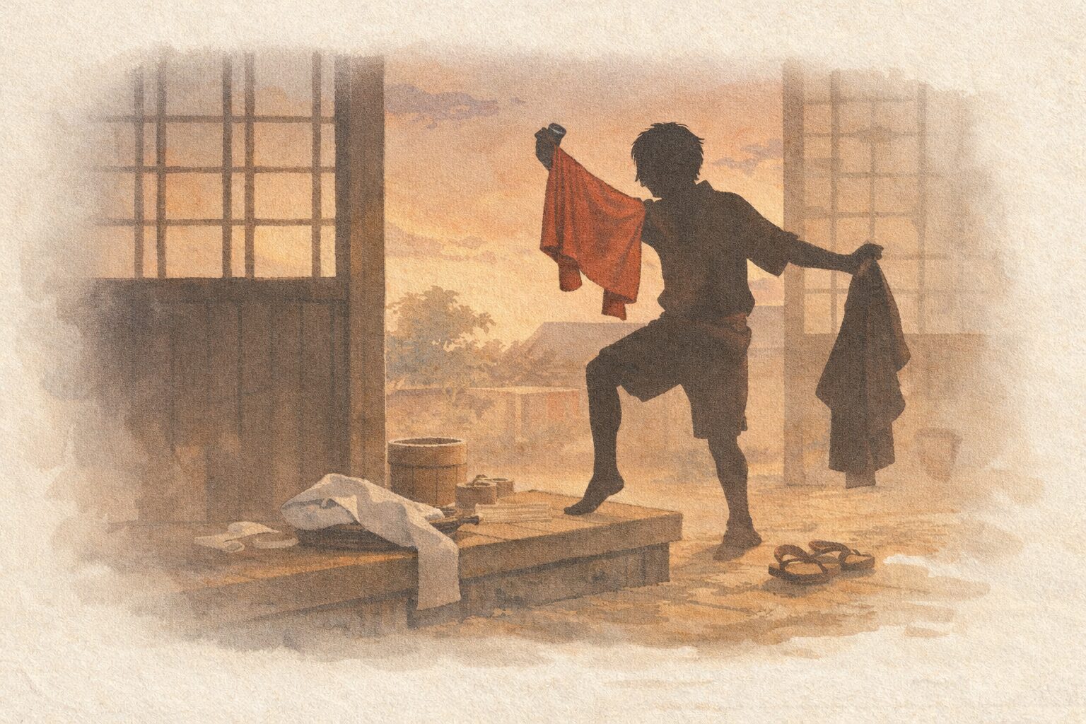 夕方の湯屋の上がり框で半公が赤い褌を自慢しながら急いで支度する一場面