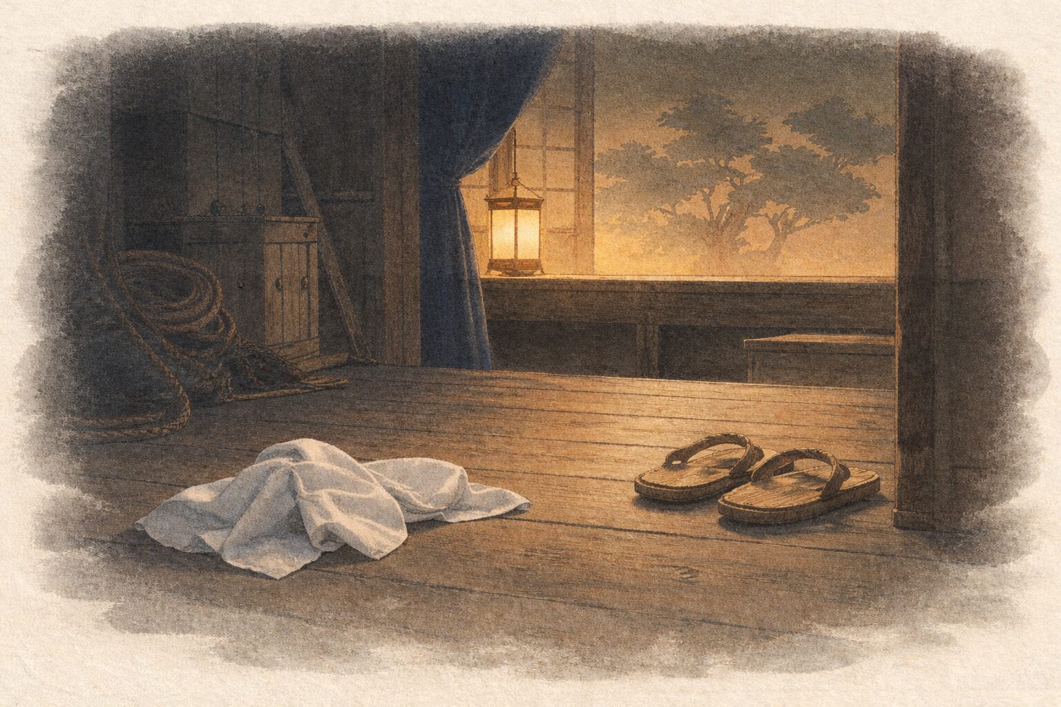 夜の芝居小屋の舞台袖に脱ぎ忘れた手拭いと草履だけが残る一場面