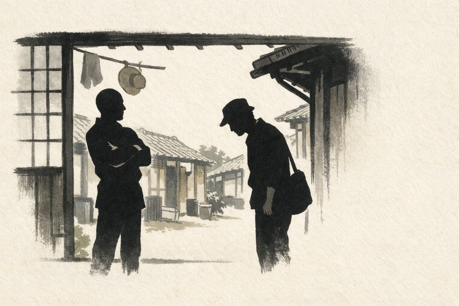 昼の長屋の入口で借家を頼みに来た男を幸兵衛が腕組みで値踏みする一場面