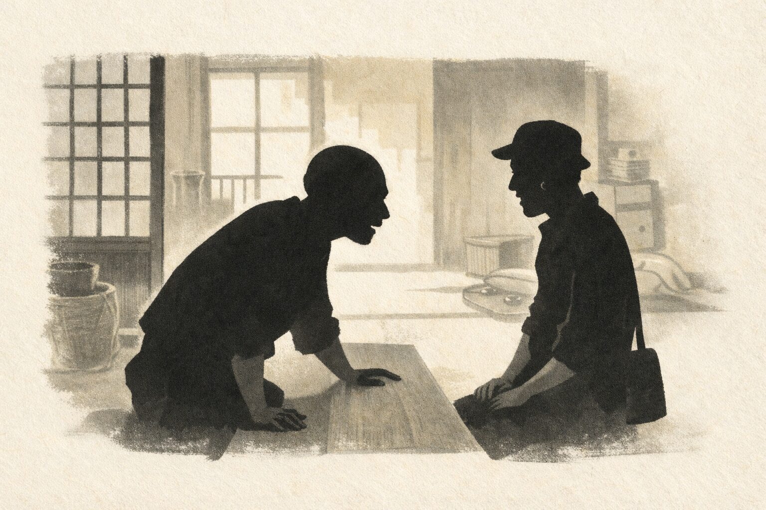 午後の長屋で幸兵衛が借家希望の男へ家族構成を細かく問いただす一場面