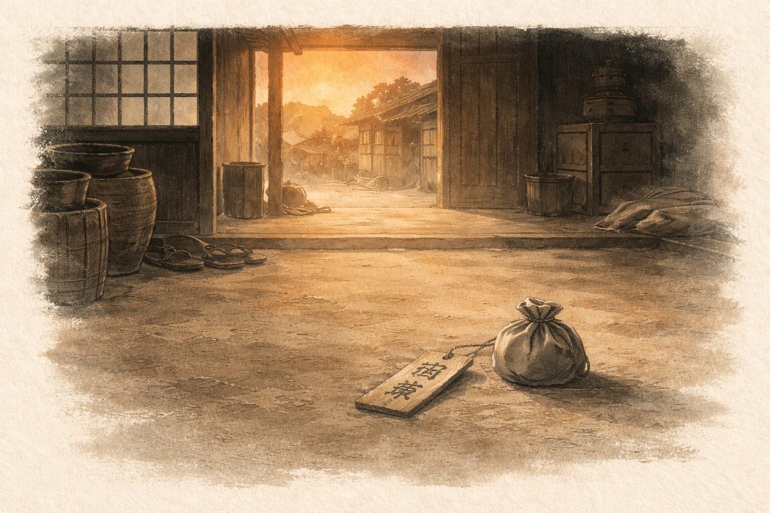 夕暮れの長屋の土間に借家札と火薬袋だけが残る一場面