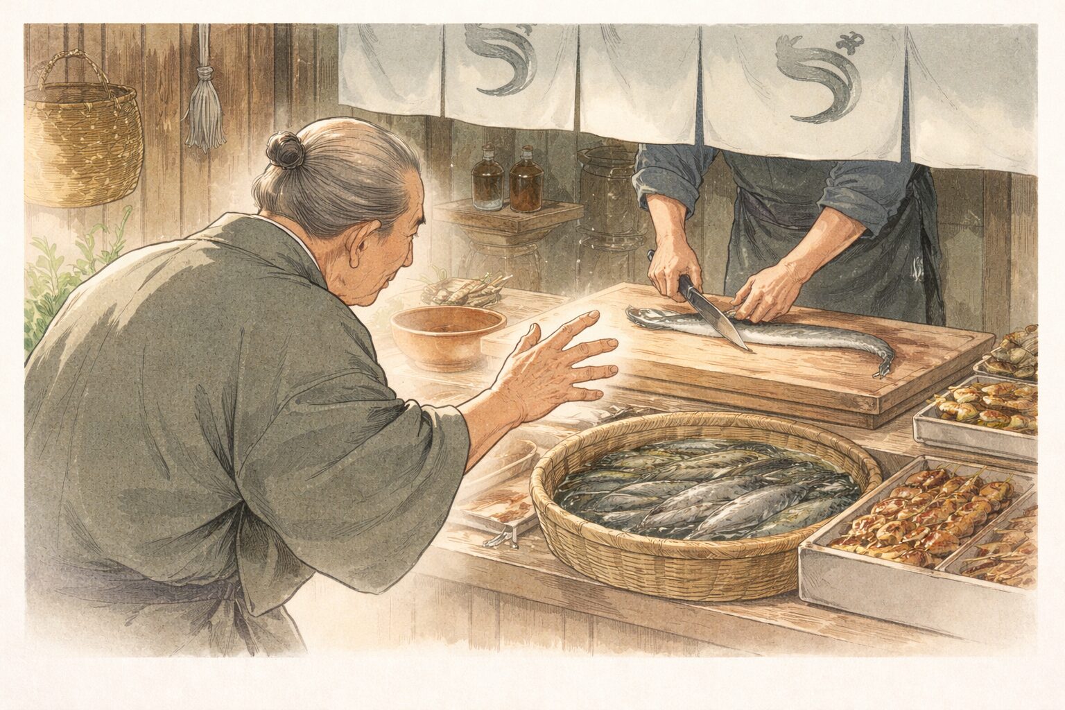 昼の鰻屋の店先で隠居がまな板の鰻を見て慌てて手を差し出す一場面
