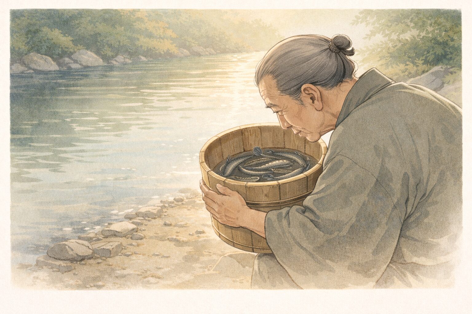 午後の川端で隠居が桶の鰻を放そうとしながら未練がましくのぞき込む一場面