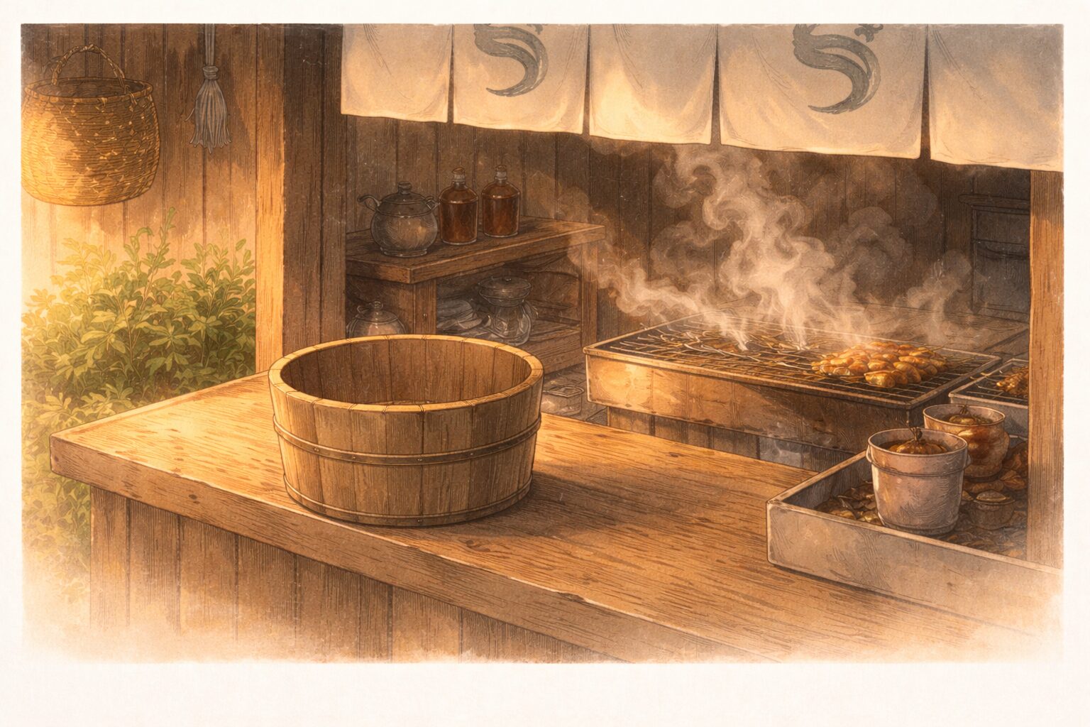 夕暮れの店先に空の桶と立ちのぼる湯気だけが残る一場面