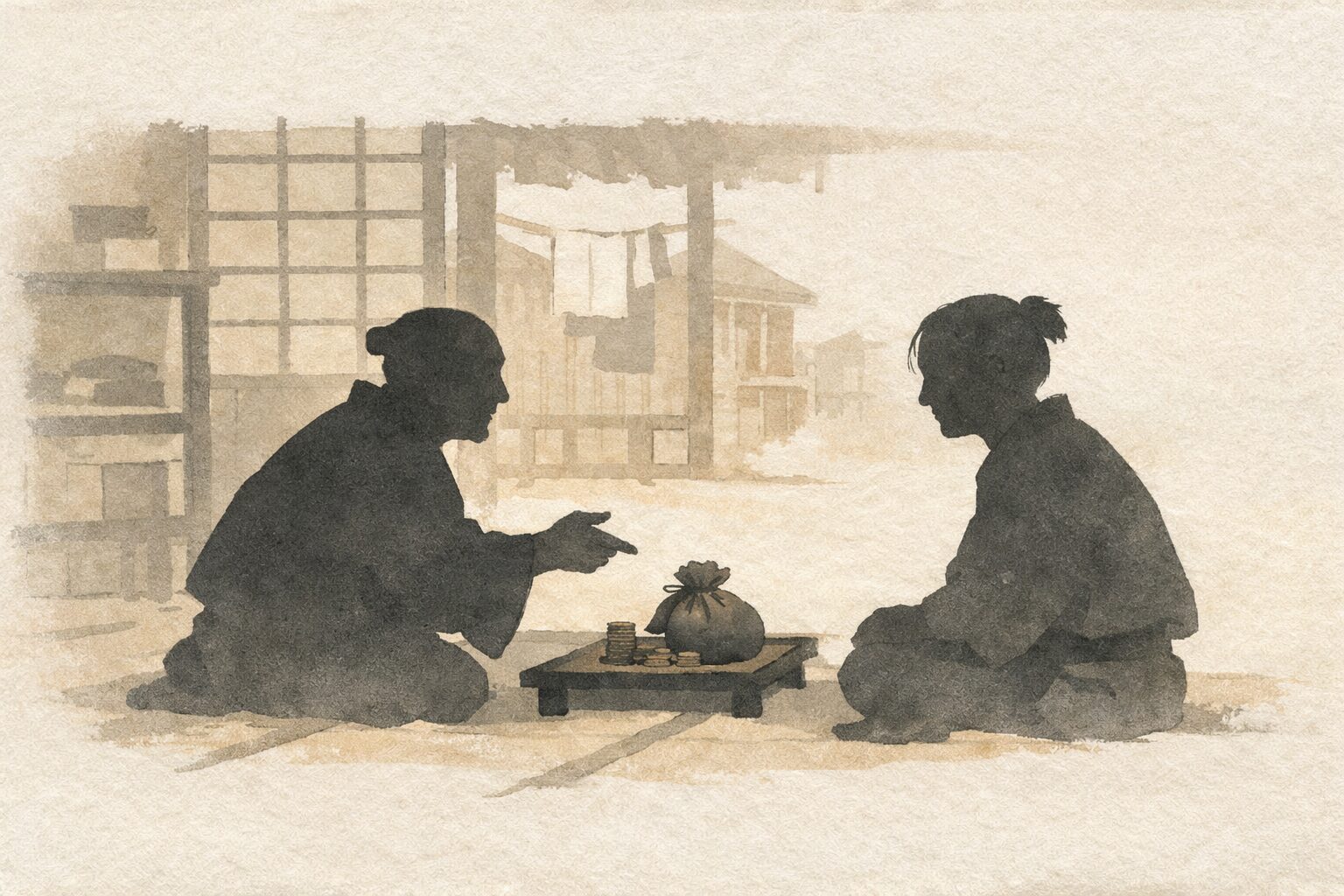 昼の長屋で仲介役が清さんへ持参金付きの縁談を持ちかける一場面