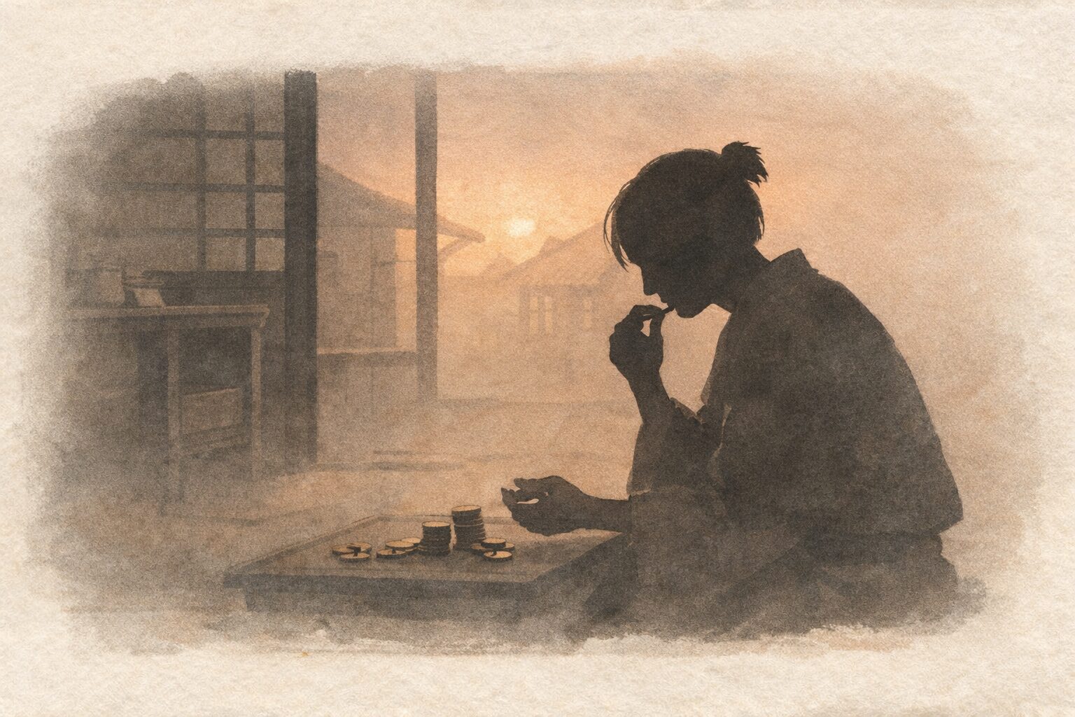 夕方の狭い部屋で清さんが金勘定をしながら縁談を受けるか迷う一場面