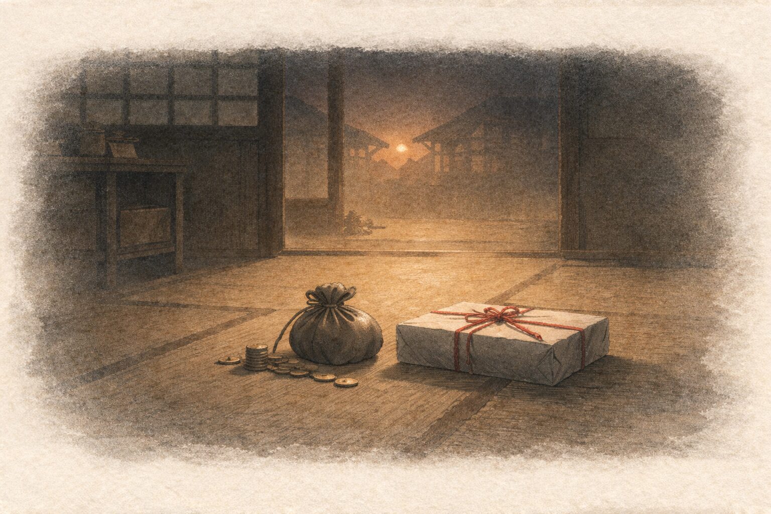 夜の長屋に小銭袋と婚礼の包みだけが置かれ金だけが回った余韻の一場面