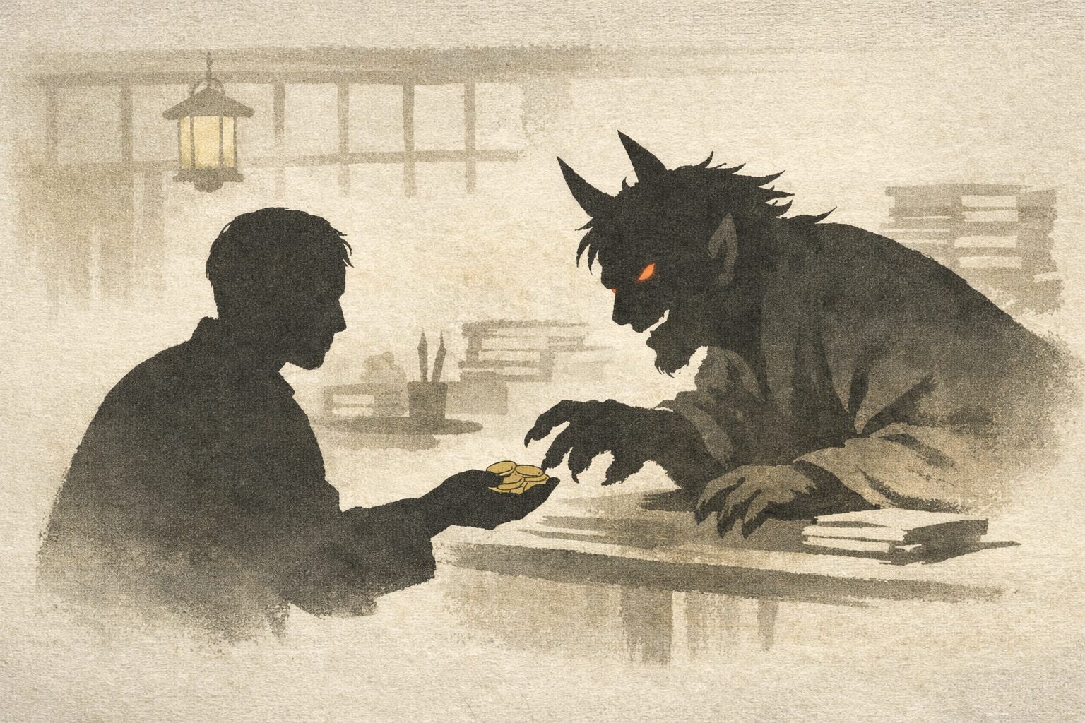 地獄の役所で男が鬼に小判を差し出し鬼が食いつく場面