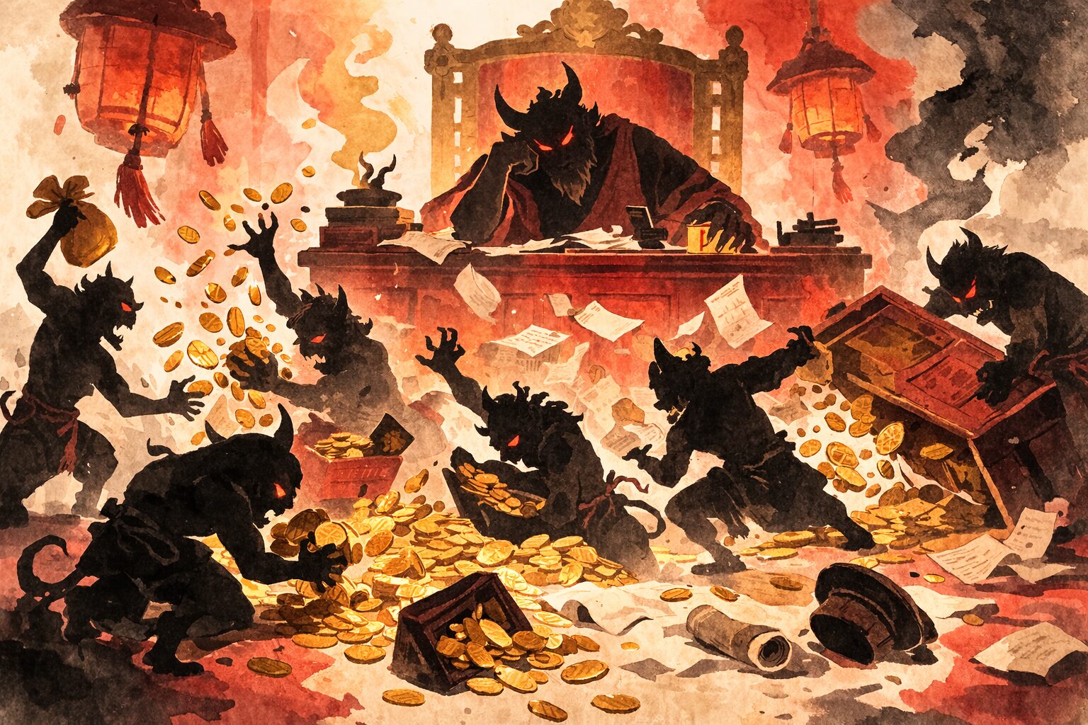 閻魔庁で鬼たちが小判に群がり秩序が崩れる場面