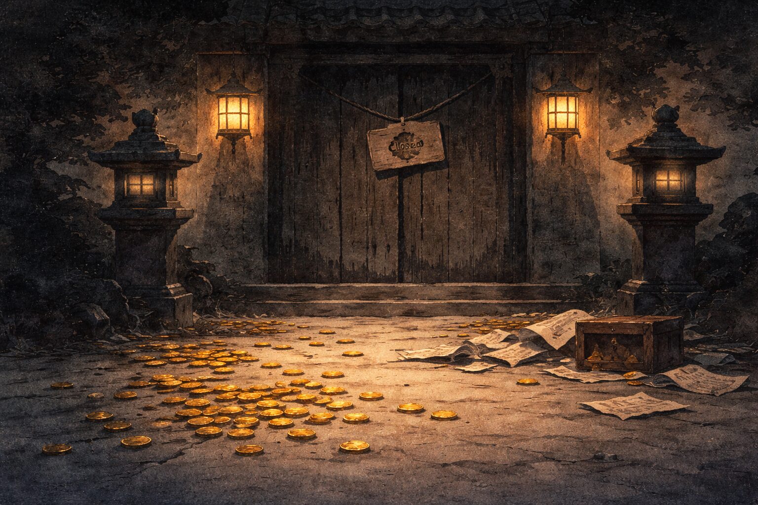 地獄の門が閉まり小判が散らばる静かな場面