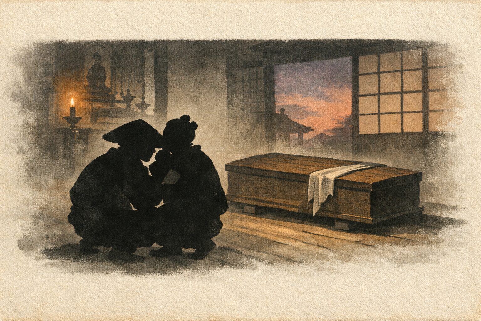 夕方の庵寺で喜六と清八が棺桶を前に身を寄せ合い怯える一場面