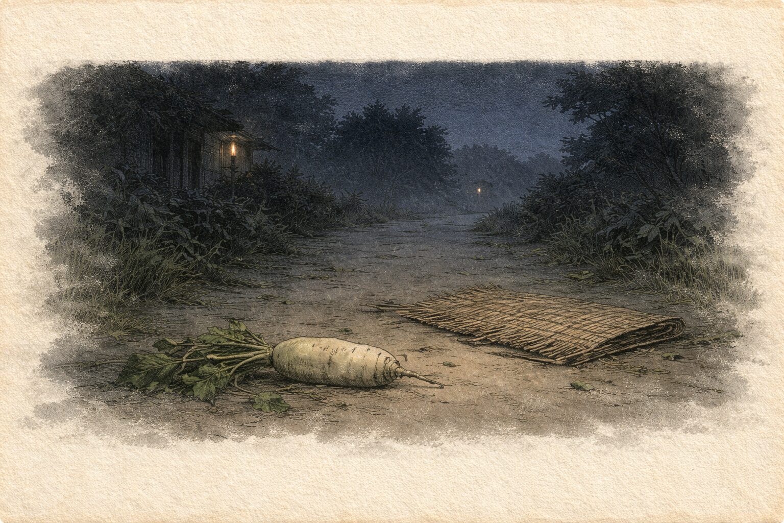 夜の街道にむしろと抜けた大根だけが残る一場面