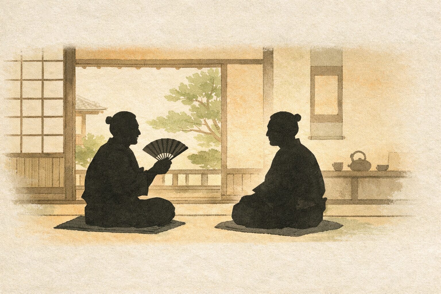 昼の町家で始末好きの男が旦那へ扇子を手に倹約の工夫を語る一場面