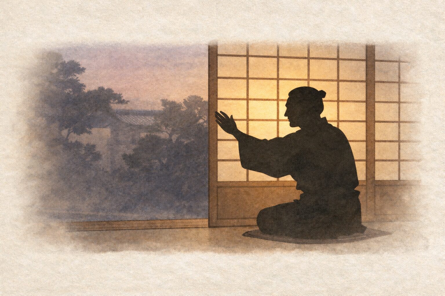 夕方の縁側で旦那が障子を早々に閉め始末の極意を見せる一場面