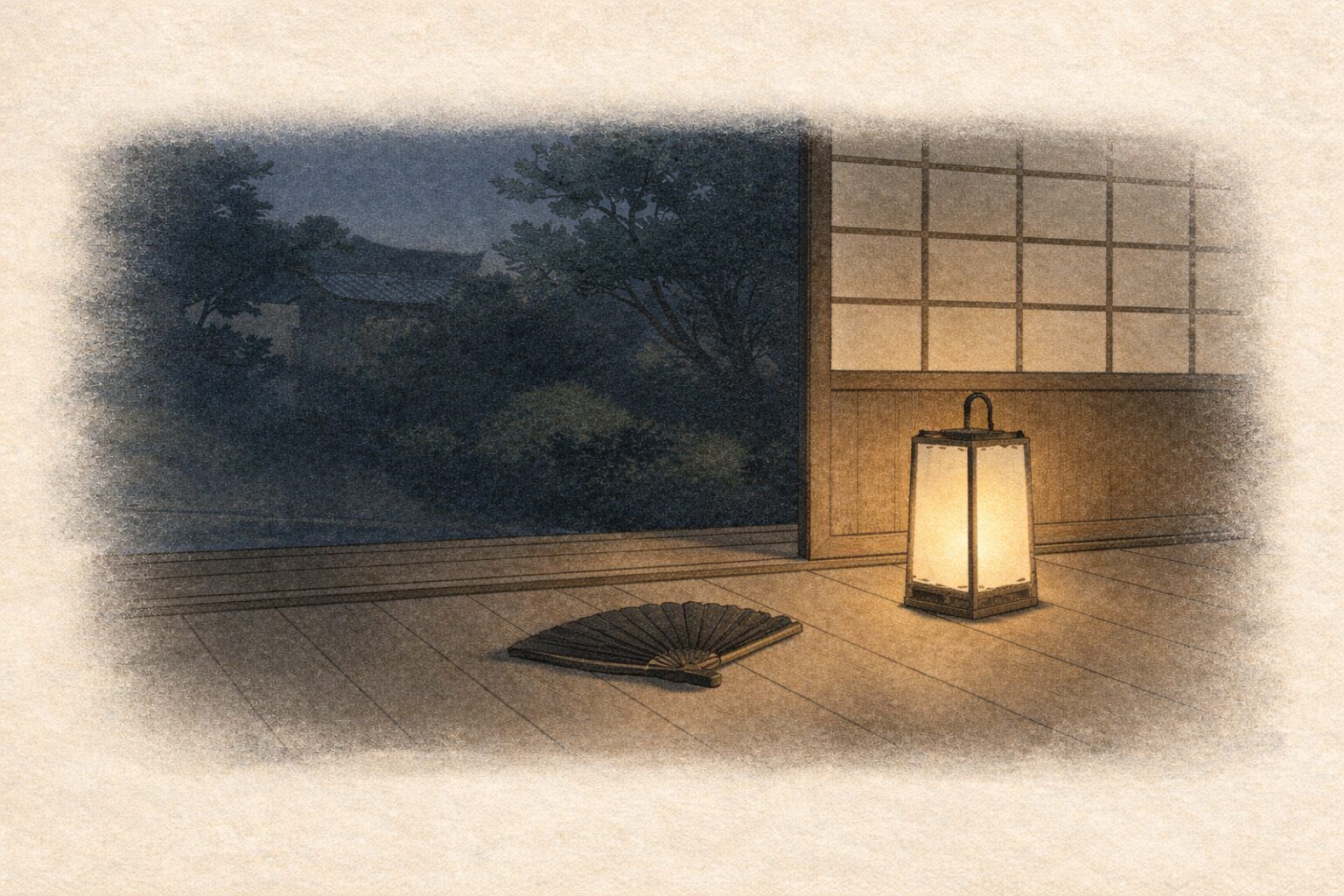 夜の町家で灯りを消し静かに過ごす倹約生活の一場面