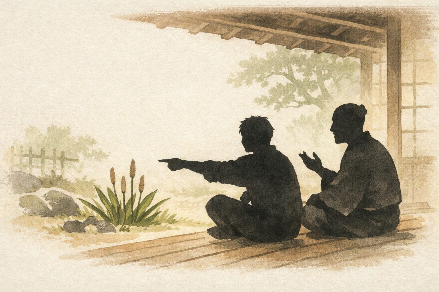 昼の縁側で男が軒先の蛇含草を指さし隠居が由来を語る一場面