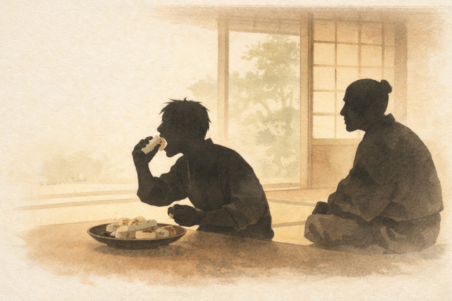 午後の座敷で男が焼き餅を次々と口へ運び隠居があきれて見守る一場面