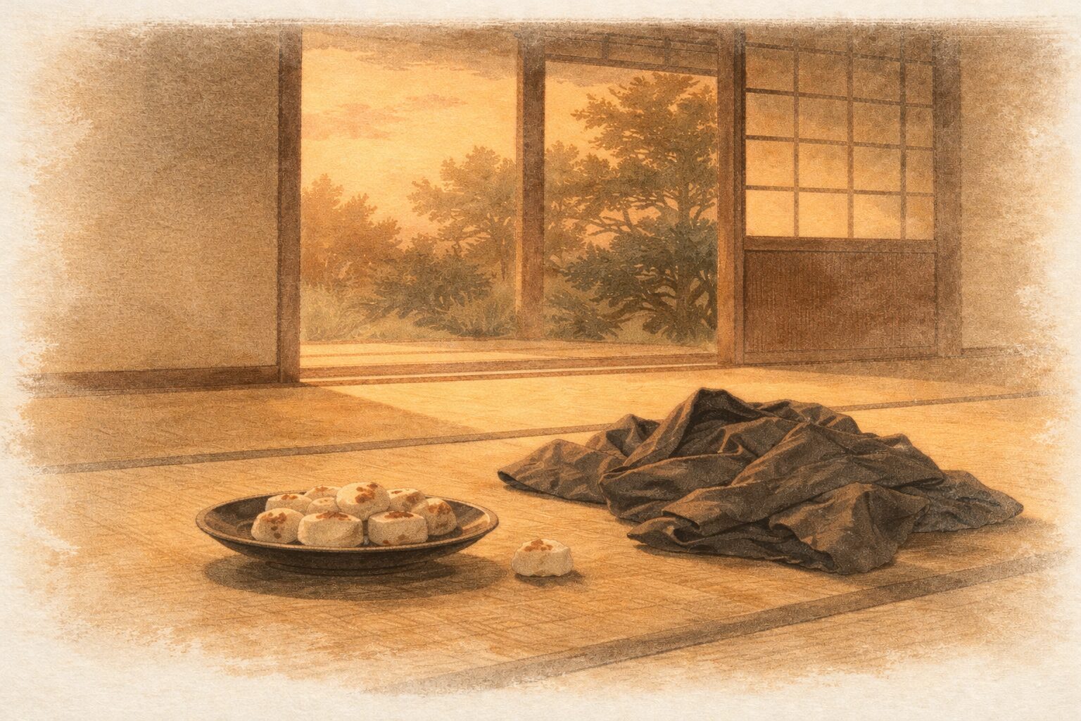 夕暮れの座敷にくしゃりとした甚兵衛と餅だけが残る不思議な一場面