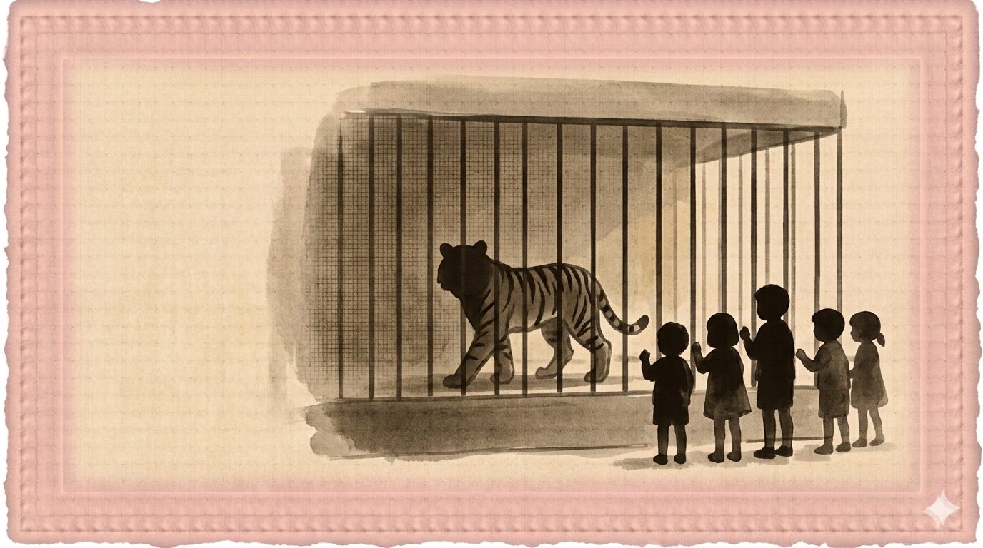 檻の中で虎役の影がうろつき、柵の外に子どもたちの小さな影が集まる一場面