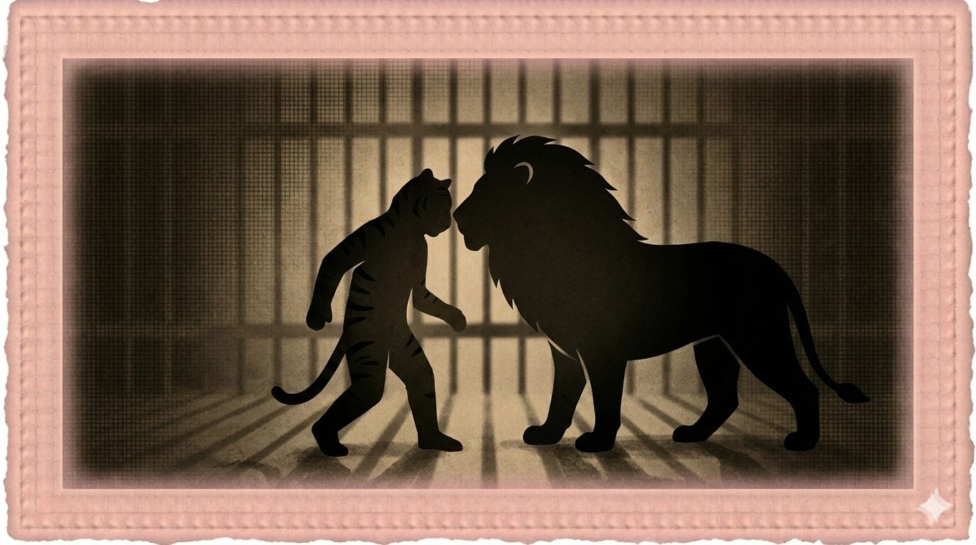 薄暗い檻の中、虎役の影の前へ堂々としたライオン役の影が近づき、耳元で囁く一場面